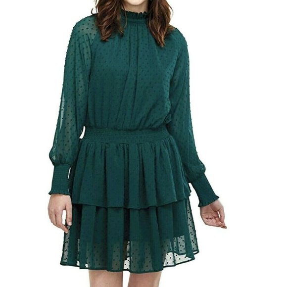 teal green swiss dot chiffon high neck gathered waist long sleeve dress - Picture 2 of 6